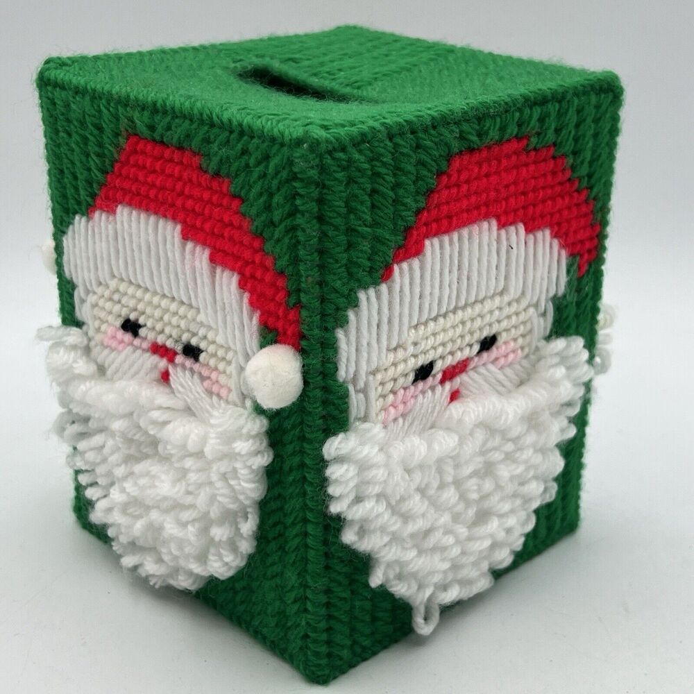 Vtg Christmas Santa Tissue Box Cover Fluffy Beard Kitsch Needlepoint Cottagecore